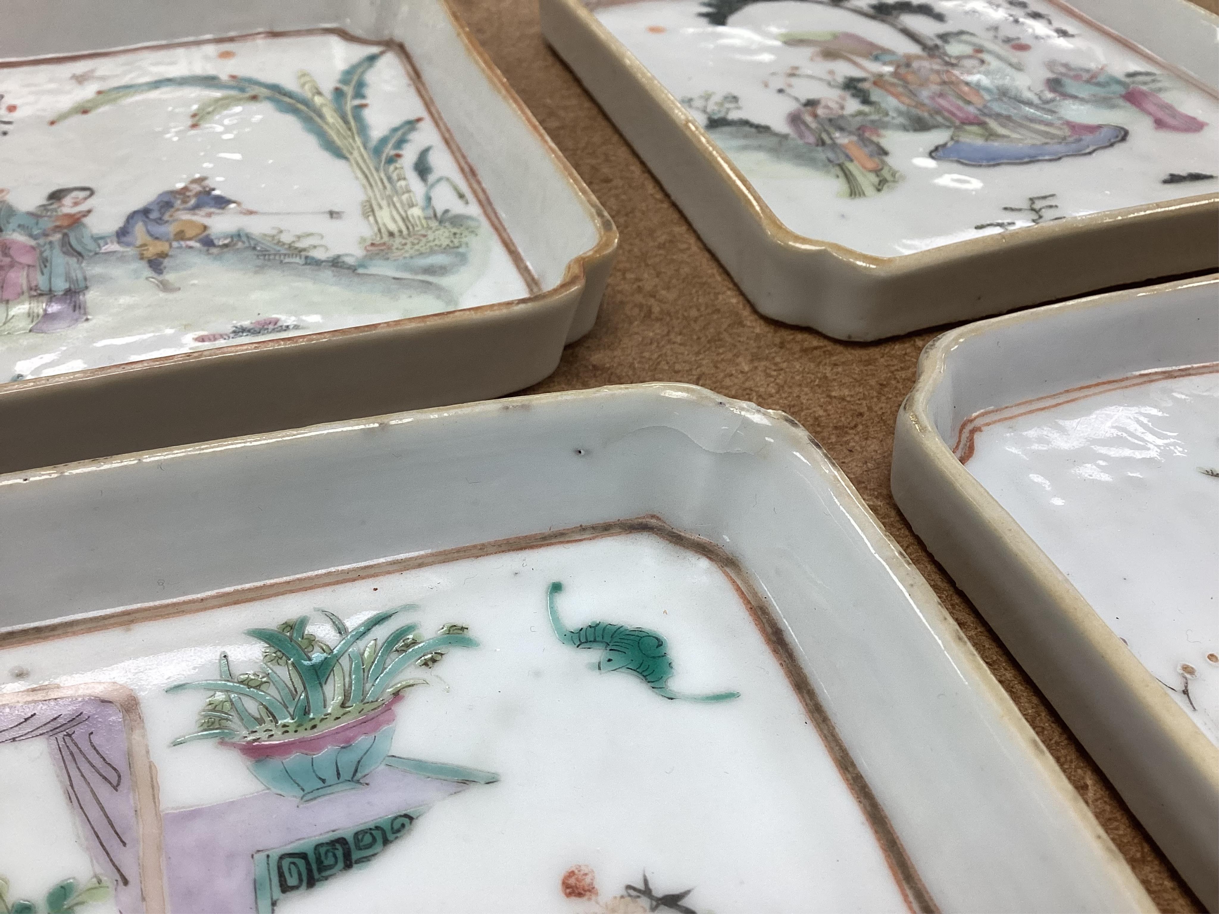 A set of four Chinese famille rose square dishes, late 19th century, and a carved wood pouring vessel, dishes 13.5cm square